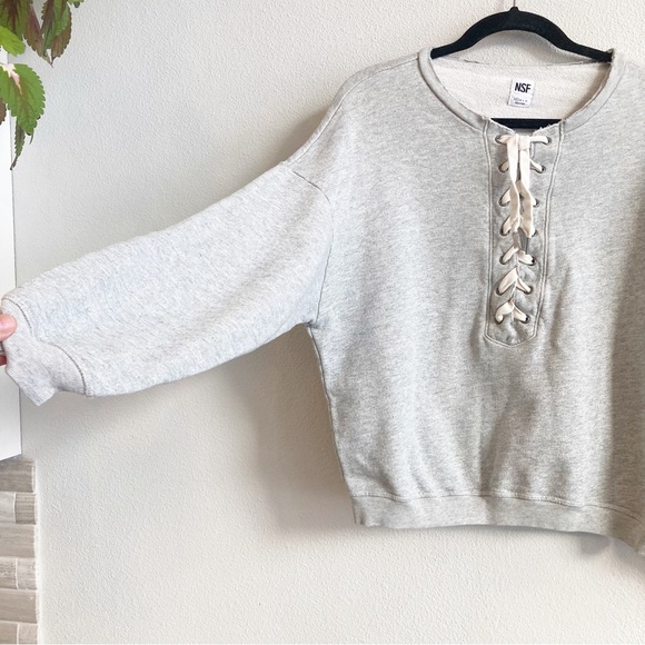 NSF Gray Pullover Sweatshirt Lace Up Neck  Cotton Crew Neck Frayed Neck  Small - Picture 5 of 7